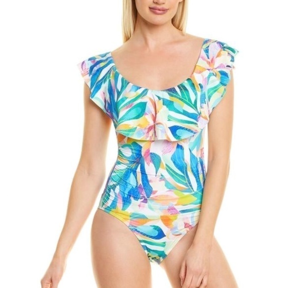 La Blanca Floral Off the Shoulder One Piece 4 Floral Print Swimsuit - Picture 3 of 10